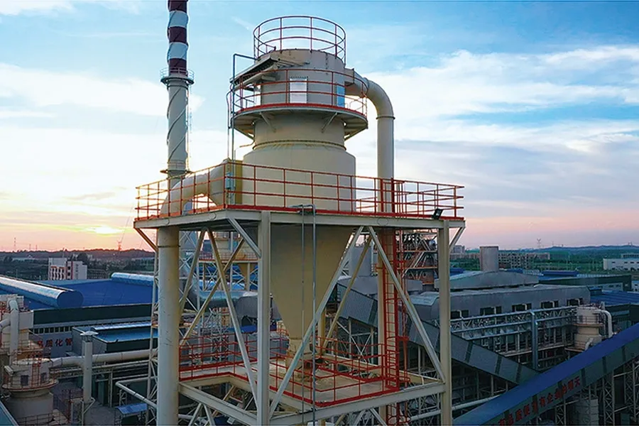 Dust-collection tower at a Ningfeng plant at dusk